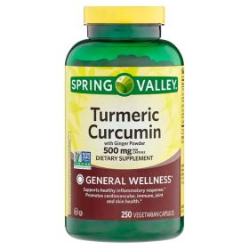 Spring Valley Turmeric Curcumin with Ginger Powder General Wellness Dietary Supplement Vegetarian Capsules, 500 mg, 250 Count